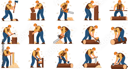 Set of logger characters cutting, chopping, and sawing wood with axe, hatchet, and chainsaw in different action poses vector illustration.