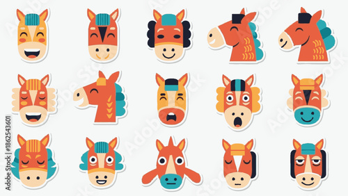 Collection of various cartoon horse and zebra faces with different expressions.