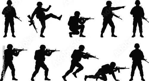 Military soldier silhouettes set, armed combat troops poses isolated on white background vector illustration modern tactical design collection flat style