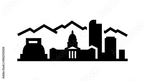Black Denver skyline vector silhouette with Rocky Mountains zig zag line. Simple monochrome cityscape icon featuring State Capitol and downtown buildings on white