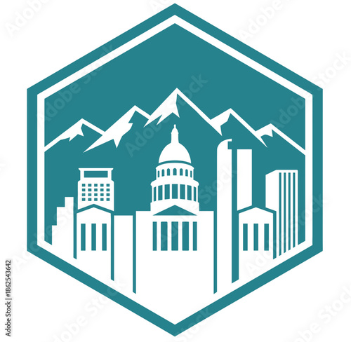 Denver skyline vector badge inside hexagon shape. Teal monochrome cityscape emblem with Rocky Mountains and State Capitol building. Minimalist logo design template.