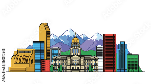 Denver skyline vector illustration featuring colorful downtown skyscrapers and snowy Rocky Mountains background. Flat design cityscape with State Capitol building for travel concept.