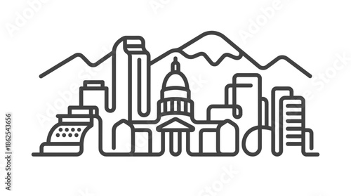 Minimalist Denver skyline vector illustration in continuous line art style. Cityscape outline with State Capitol building and Rocky Mountains background for logo design.