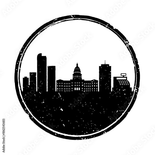 Black Denver skyline vector grunge rubber stamp. Round distressed city seal with State Capitol silhouette and mountains. Vintage travel badge and symbol.