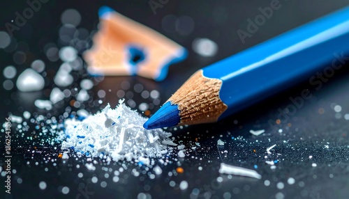 A close-up of a blue pencil's sharpened tip, surrounded by shavings