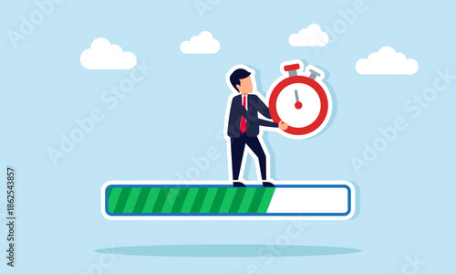 Businessman carrying a stopwatch on a progress bar illustrating last minute deadline to complete a business project