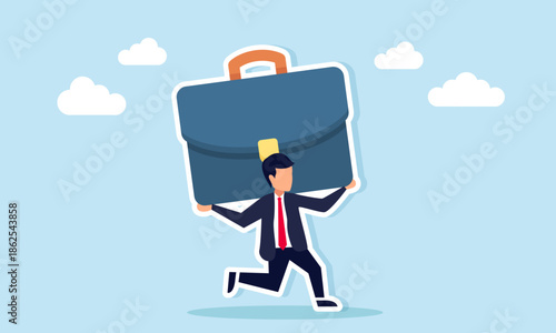 Businessman working hard to carry a giant briefcase illustrating heavy job responsibility