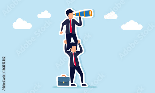 Businessman helping another businessman observe with a telescope illustrating teamwork in monitoring and screening competitors