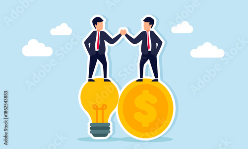 Two businessmen shaking hands on a dollar coin and light bulb illustrating agreement on business ideas and innovation to increase profit and income