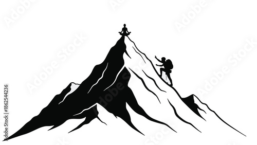 Lone climber reaches mountain summit for peaceful meditation at sunrise.