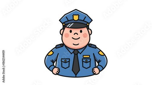 Cartoon police officer in uniform with a smile and hands on hips.