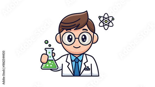 Cartoon scientist holding a beaker with green liquid and atom symbol.