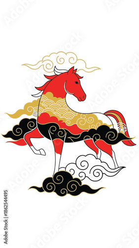 Stylized Red and Gold Horse with Traditional Asian Clouds.