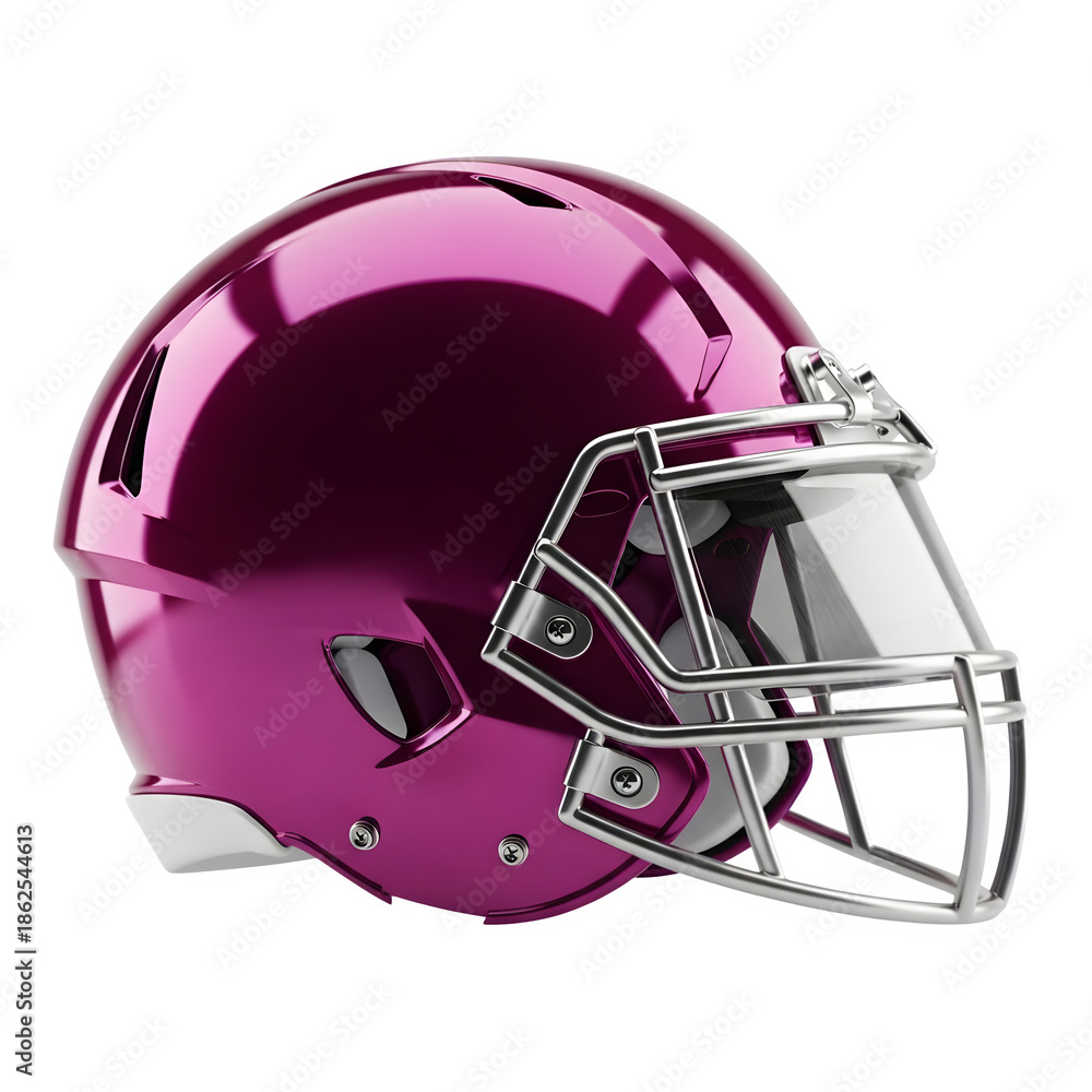 Fototapeta premium Shiny metallic magenta American football helmet with silver grill, protective sports headgear on white