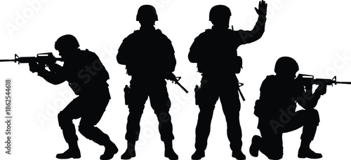 Modern military soldiers silhouettes in tactical combat poses, armed forces teamwork, security defense operations isolated on white background, studio cutout