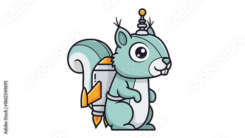 Cartoon squirrel with a rocket pack ready for space exploration adventure.