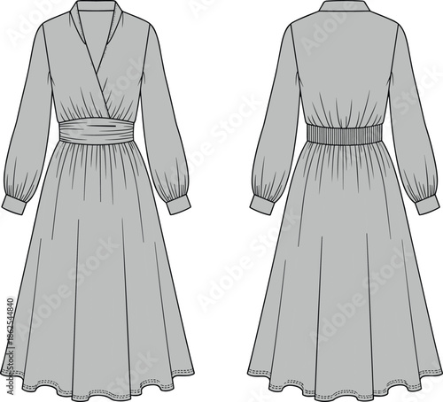 Women's long sleeve dress sketch, wrap bodice, voluminous sleeve, full skirt, fashion illustration, garment construction, vector drawing