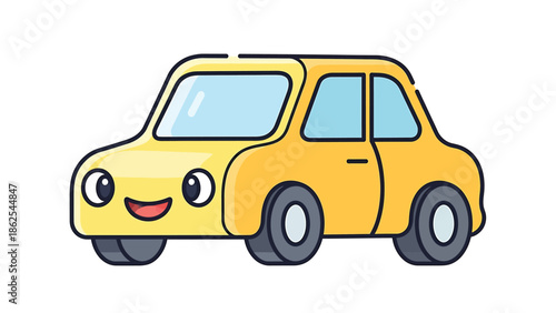 Cheerful yellow cartoon car with friendly face and big smiling expression.