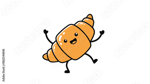 Cheerful croissant character with arms and legs, smiling and happy, ready to eat.