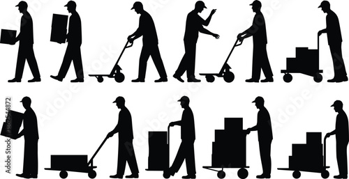 Worker silhouettes, box handling icons, black vector figures, manual labor, logistics clipart, delivery design, warehouse action, cargo movement, silhouette set, hand truck, shipping worker,