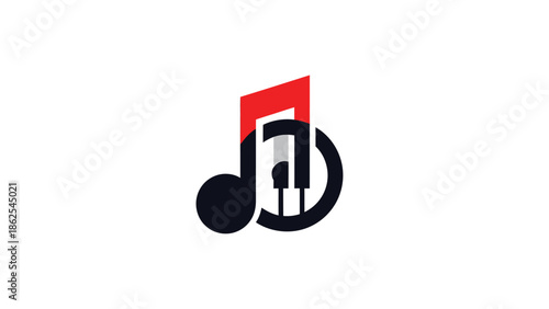 Musical note logo design with piano keys and red accent, creative music symbol.