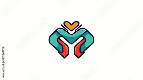 Creative logo design featuring a heart shape and abstract arms, representing love and care.