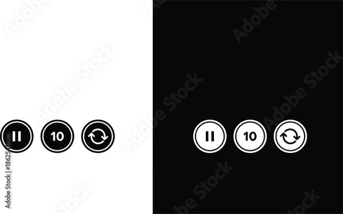 Media player outline control icons set with pause replay skip buttons dark light UI symbols vector illustration