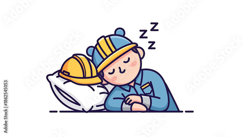 Construction worker sleeping peacefully on a pillow with his helmet.
