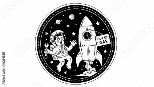 Astronaut floating next to a rocket ship with out of gas sign.