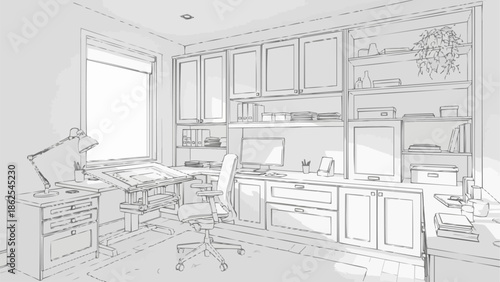 Architectural sketch of a modern home office interior design.