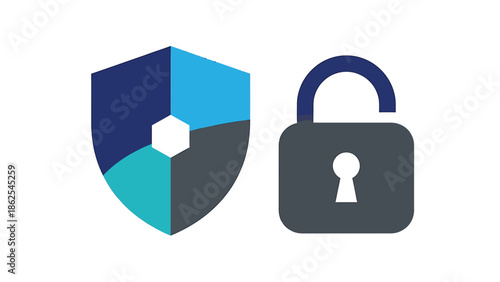 Security shield and unlocked padlock represent data protection and access control.