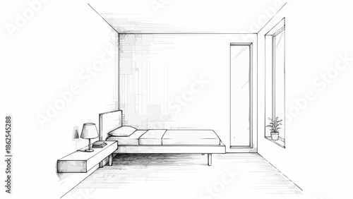 Bedroom interior sketch with bed and nightstand.