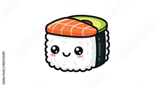 Cute sushi roll with salmon and avocado, adorable food illustration.