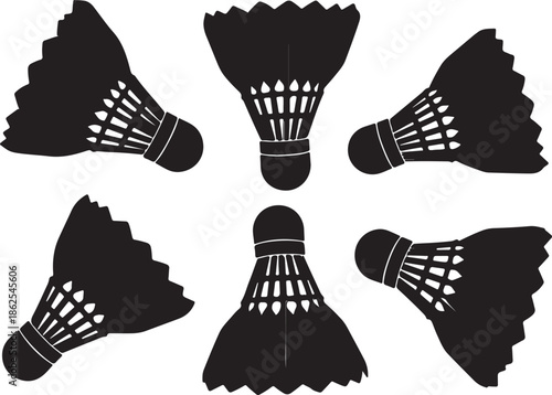 Vector illustration of badminton shuttlecocks arranged in a dynamic pattern with a bold black silhouette style