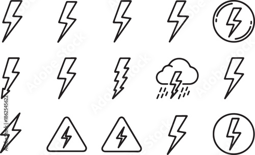 Set of various lightning bolt icons and weather symbols for climatic and energy visuals