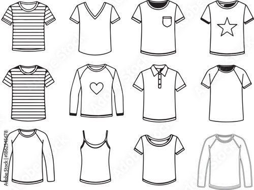 Vector illustration of various casual t shirt designs and styles for clothing fashion and apparel mockups