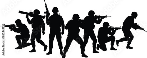 Modern military soldier silhouette group with combat action poses, tactical warfare and special forces concept, armed troops isolated on white background