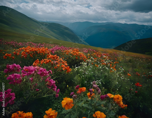 Landscapes with colorful flowers. Spring in the mountains.
