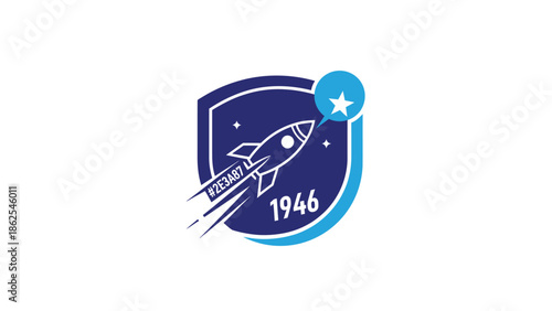 Vintage emblem featuring a rocket ship, stars, and the year 1946, perfect for space exploration.