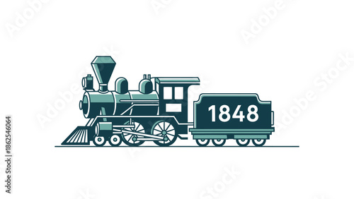 Vintage steam train illustration depicting the year 1848, a classic mode of transport.