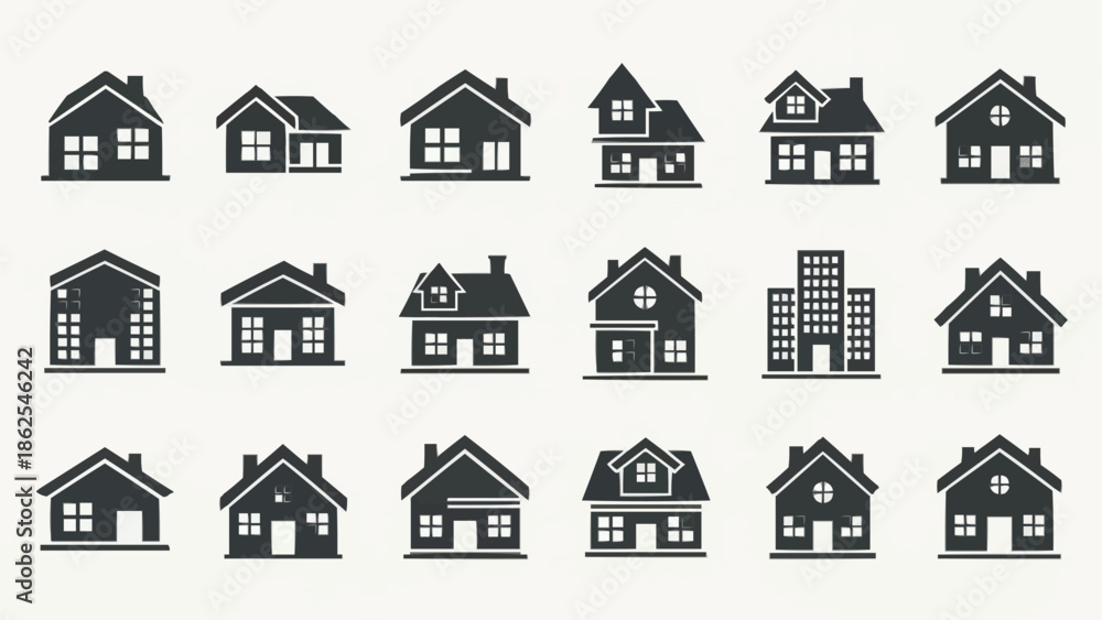 Fototapeta premium Collection of House Icons - Diverse Architectural Styles in Silhouette.