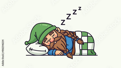 Sleeping gnome with a long beard and green hat resting peacefully on a pillow.