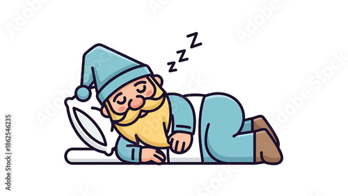 Sleeping gnome illustration with a blue hat and a long yellow beard on a white pillow.