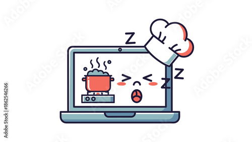 Sleeping laptop with chef hat and cooking pot on screen, cartoon style.