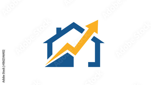 Real estate market growth concept with house and upward arrow.