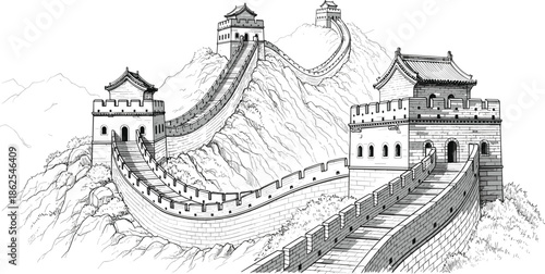 Detailed black and white sketch of the Great Wall of China winding through mountainous terrain with watchtowers and peaks
