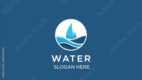 Water logo design with a blue drop and wave inside a white circle.