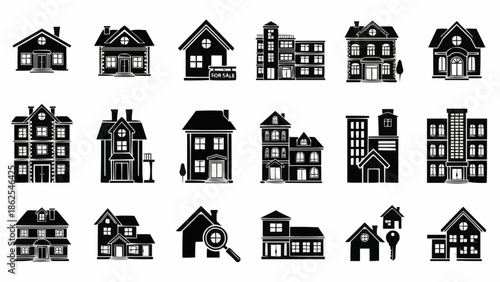 Collection of Black and White House Icons in Silhouette Style.