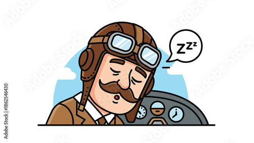 Sleeping pilot in vintage aviator gear with a thought bubble.
