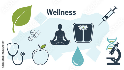 Wellness and health concept with various related icons and symbols for well-being.
